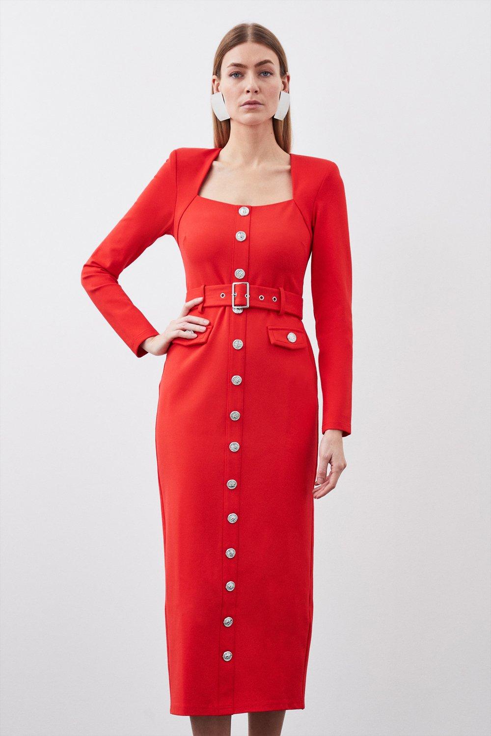 Платье макси из джерси с длинными рукавами из жесткого материала со спиной Ponte Diamante Karen Millen, красный