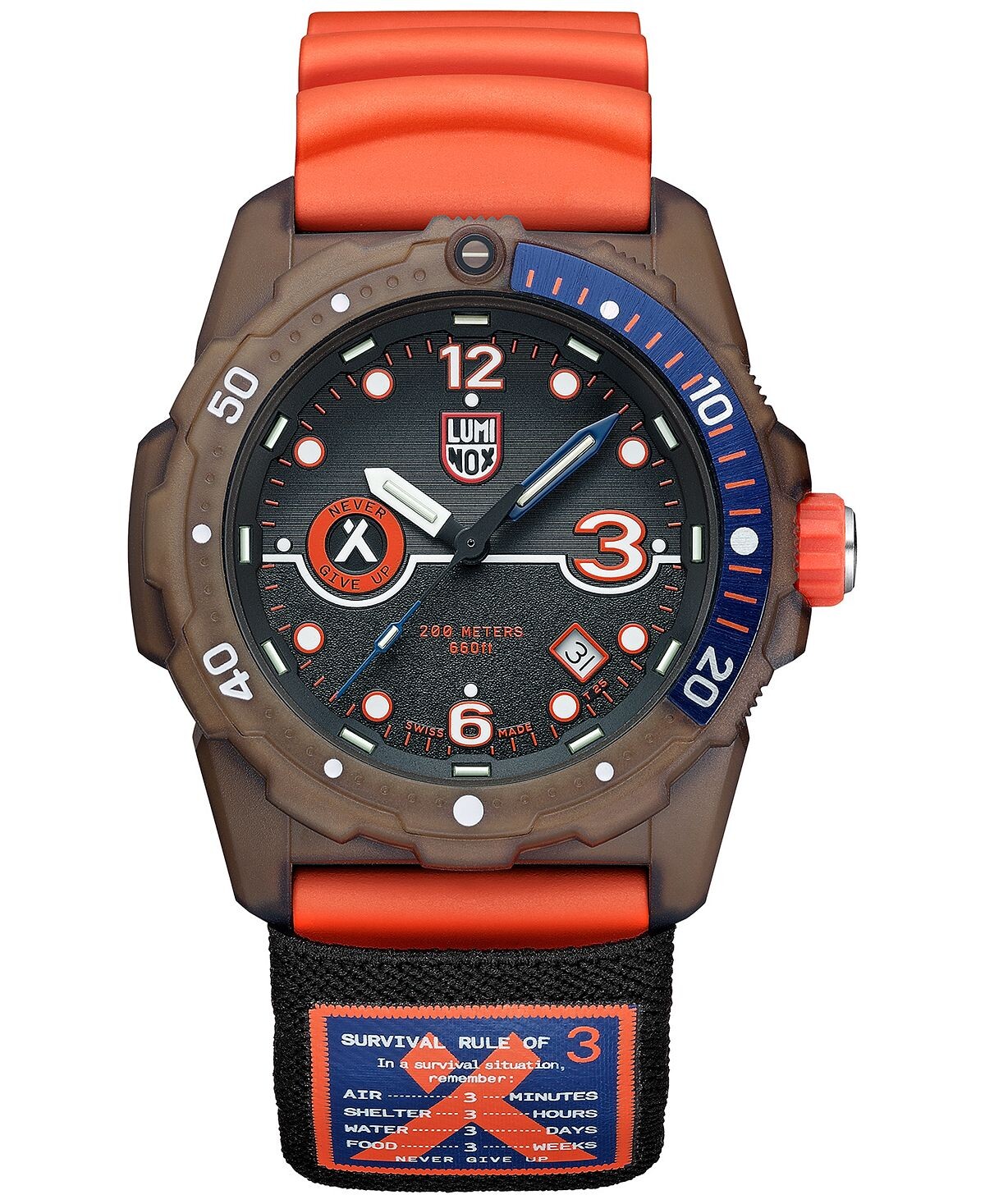 

Мужские часы Swiss Bear Grylls x TIDE из переработанного океанского материала Rule of 3 Sea Series, оранжевый каучуковый ремешок, 42 мм Luminox