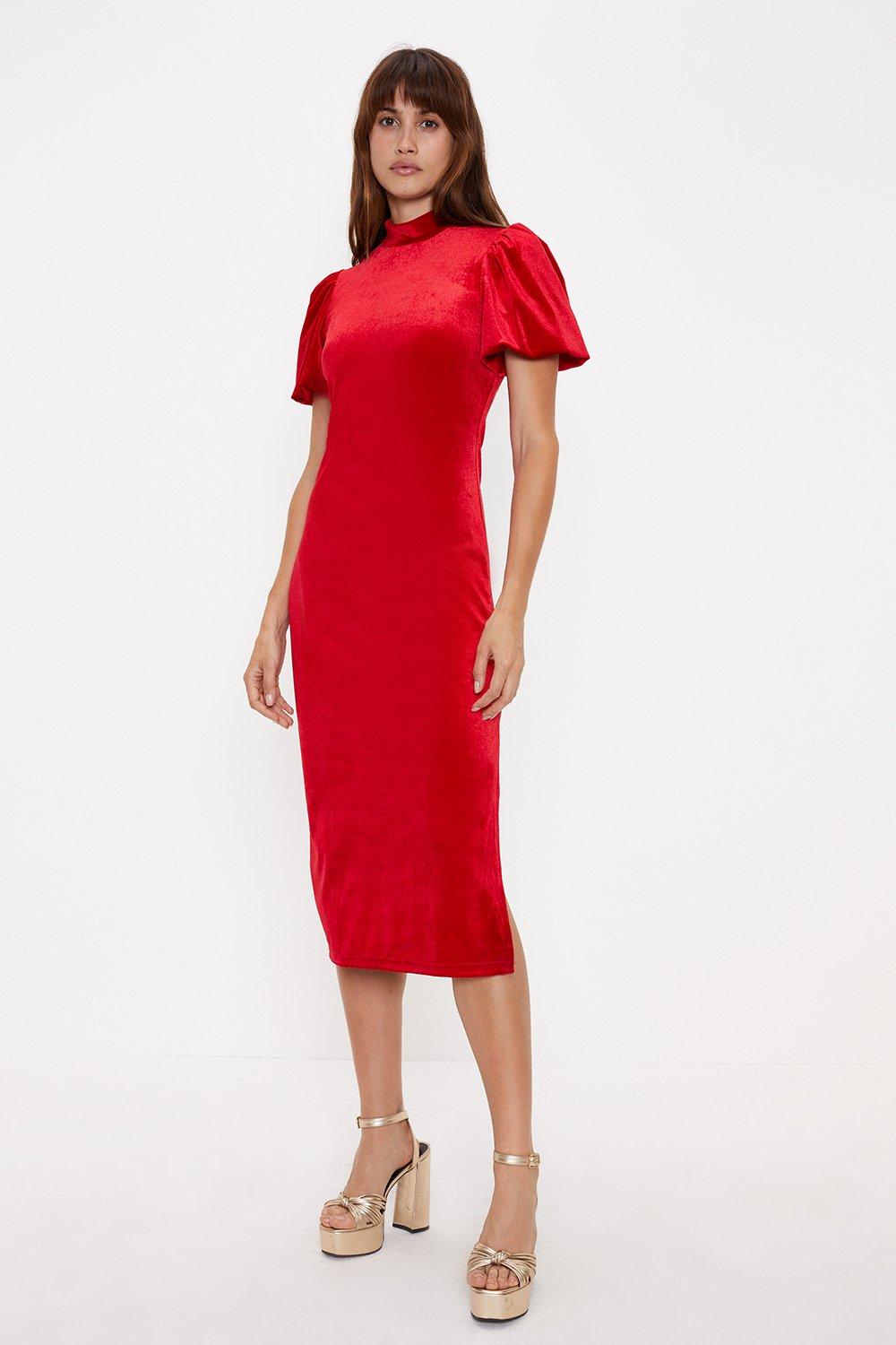цена Бархатное платье миди с пышными рукавами Oasis, красный