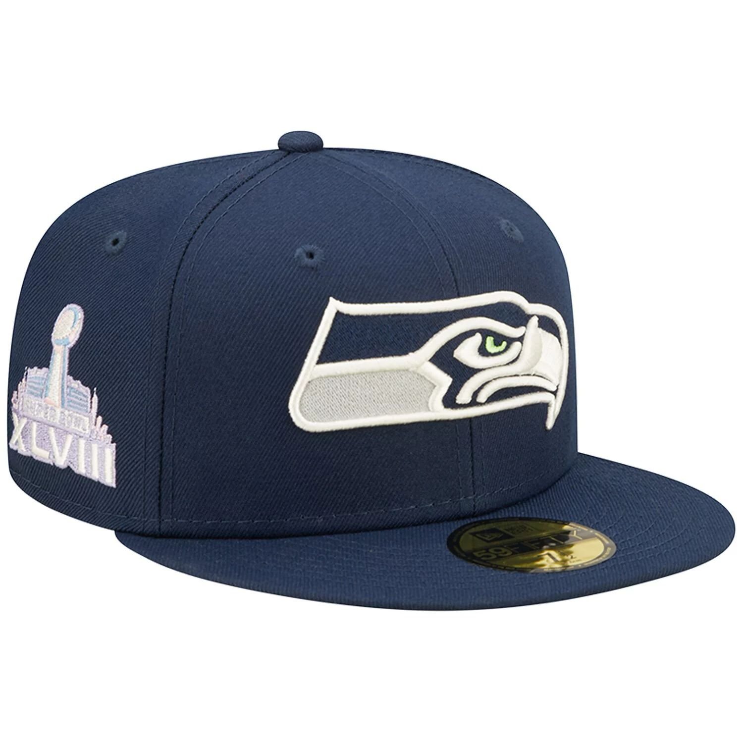 

Мужская темно-синяя бейсболка New Era College Seattle Seahawks Super Bowl XLVIII, голубая поп-59FIFTY, облегающая шляпа