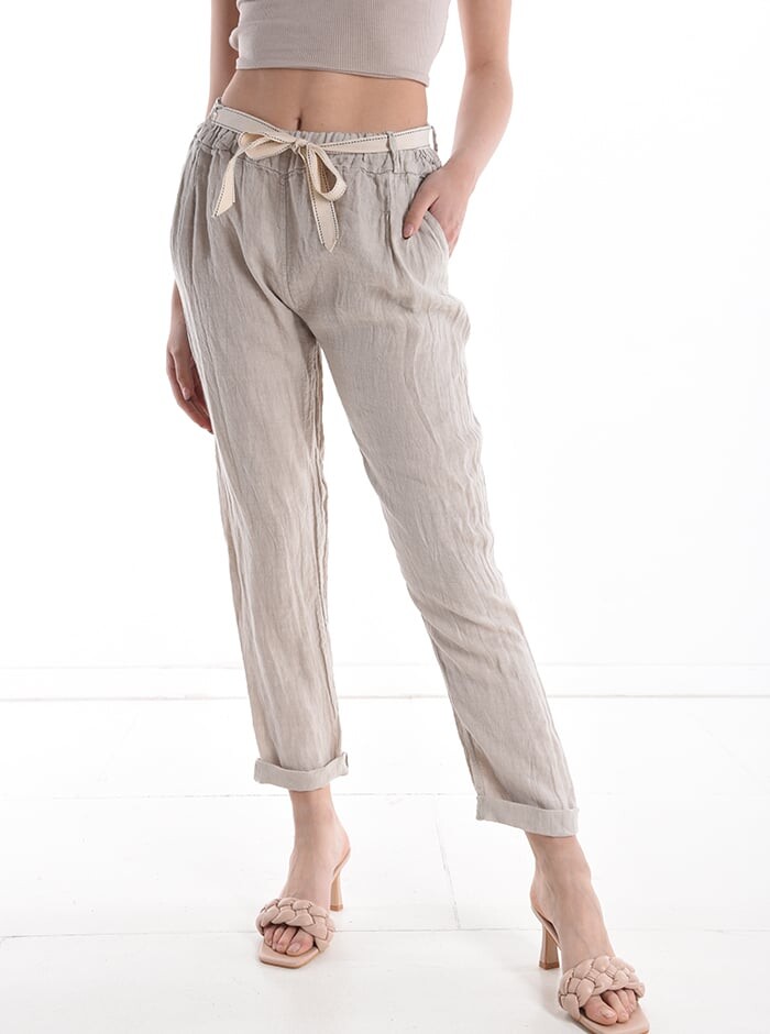 

Льняные брюки с карманами на ленте, бежевый