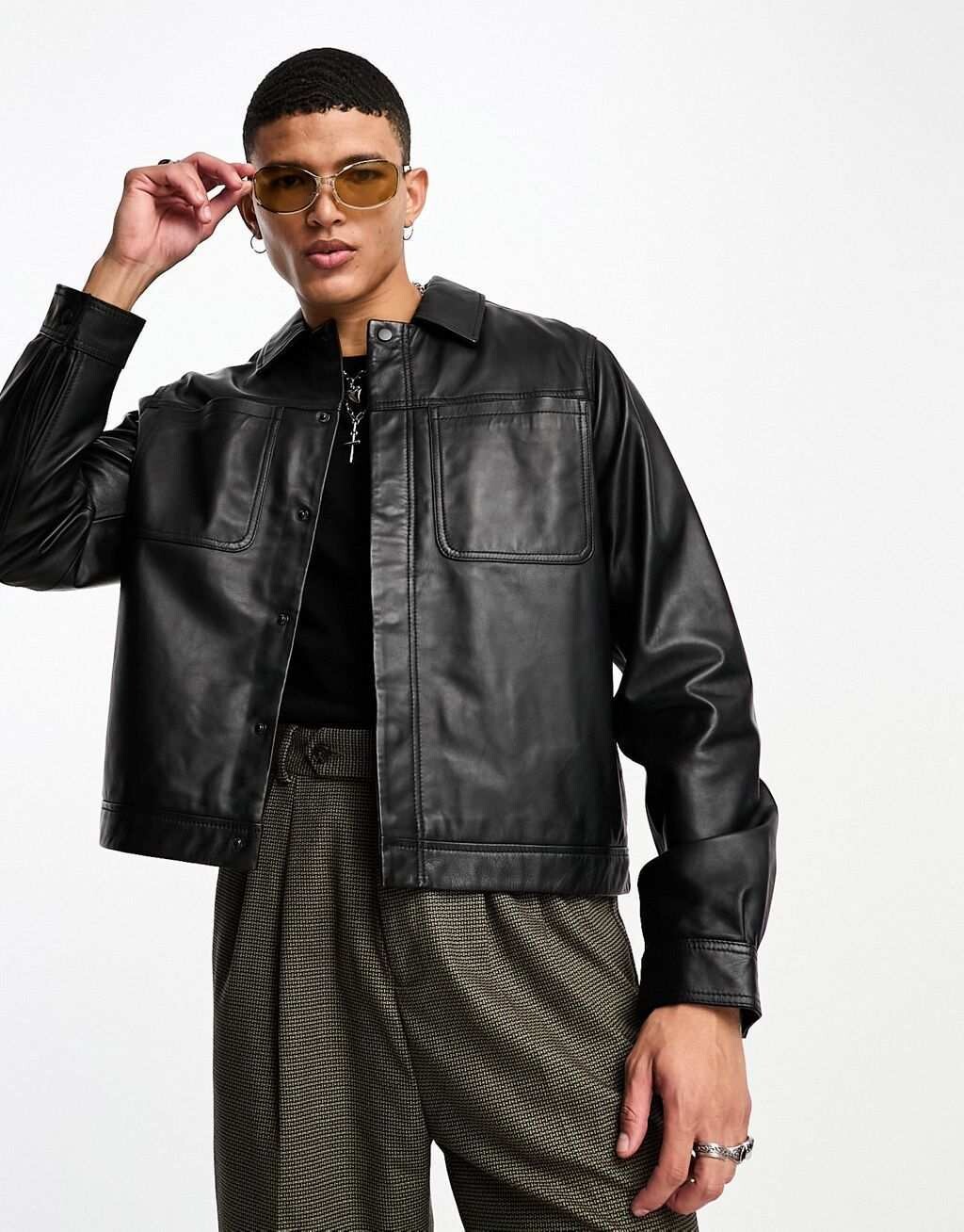 

Черная укороченная куртка Харрингтон из натуральной кожи ASOS DESIGN