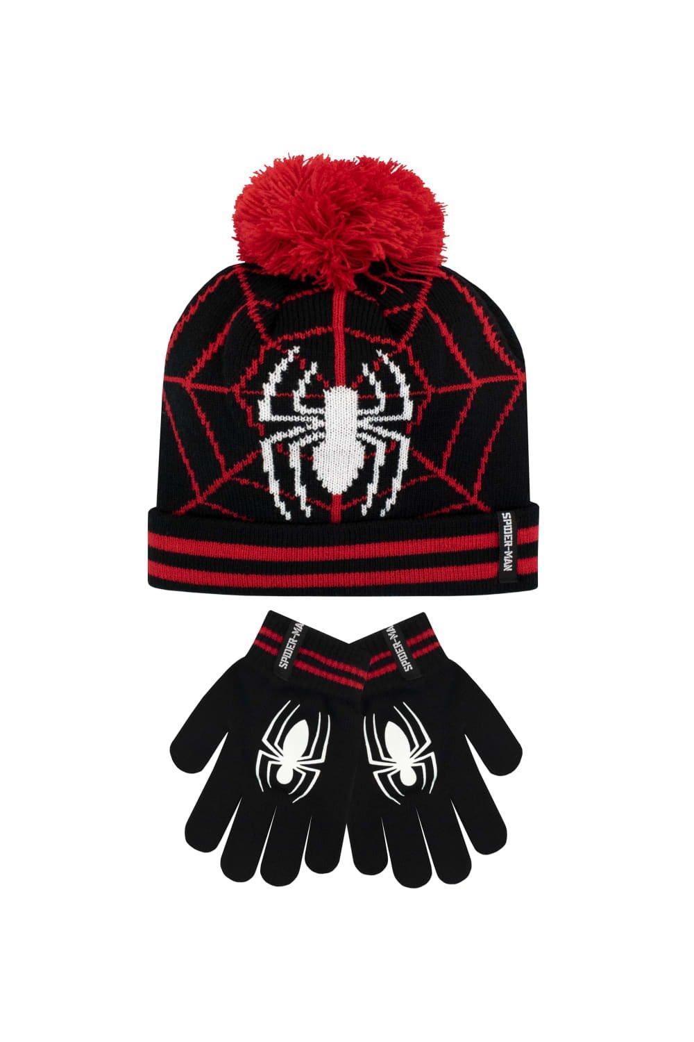 шапка modniki для мальчиков и девочек с помпоном р56 темно серо черная Детский комплект зимней шапки и перчаток «Человек-паук» Marvel, черный