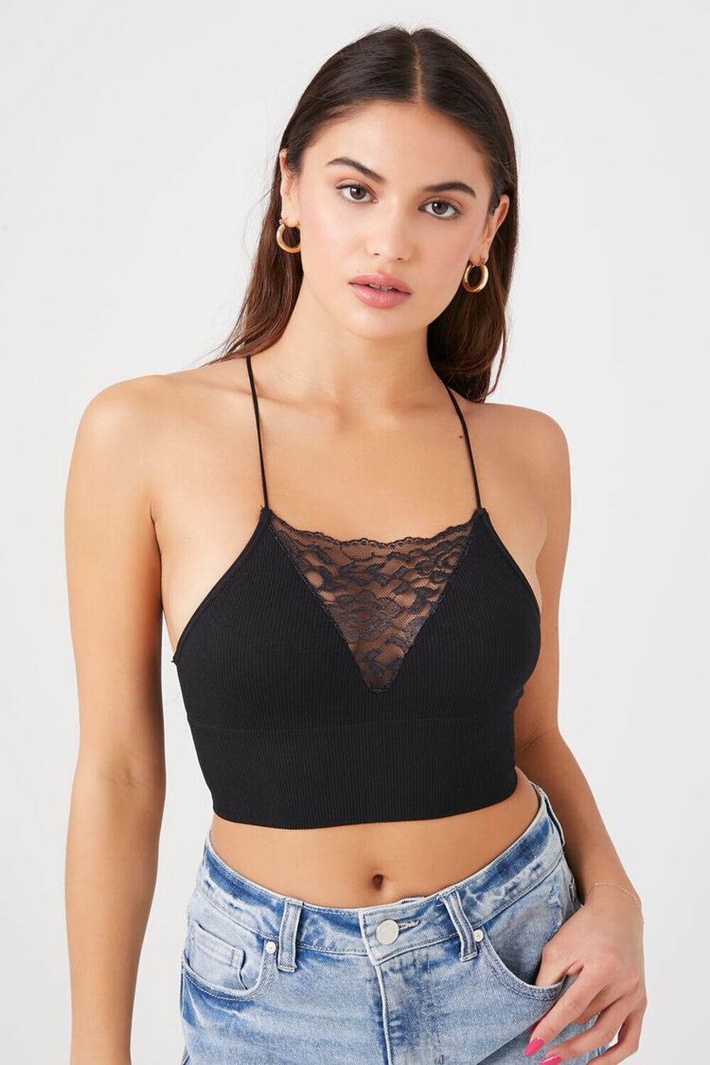 

Бесшовная кружевная укороченная майка Forever 21, черный