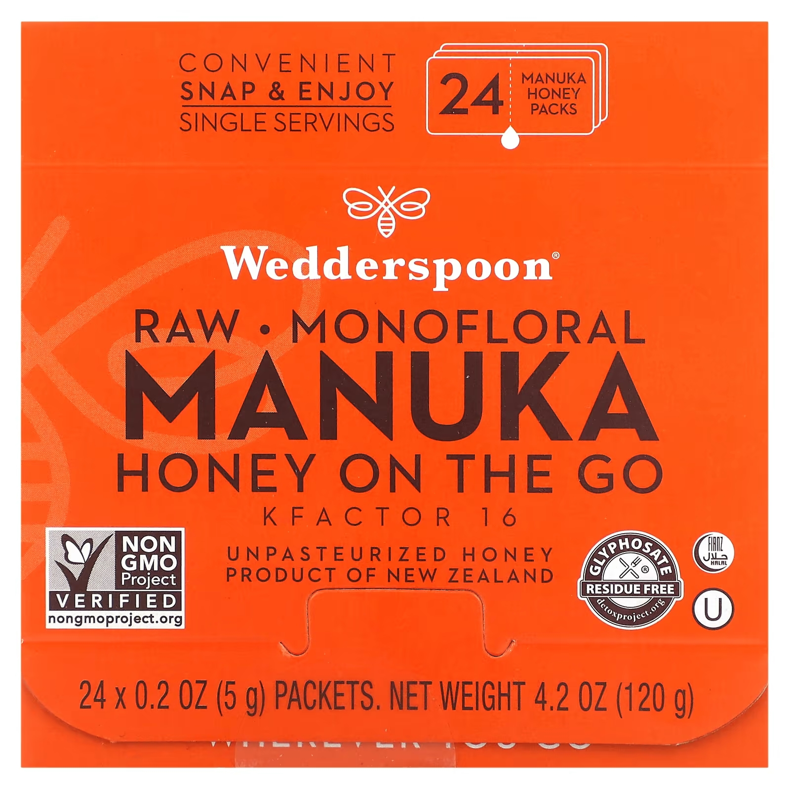 

Пищевая добавка Wedderspoon Raw Monofloral Manuka Honey On The Go KFactor 16, 24 упаковки по 5г