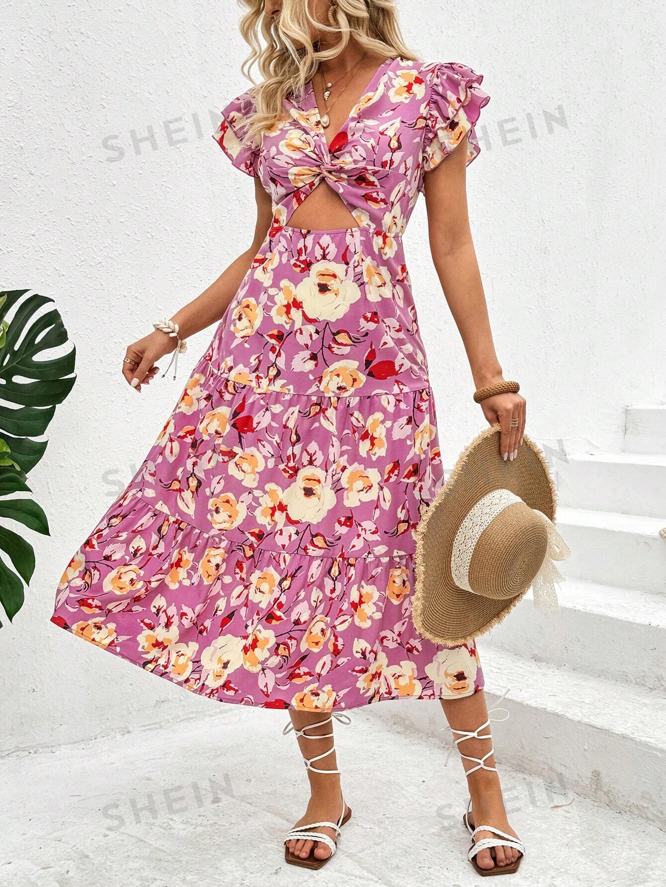 SHEIN VCAY Платье с баской и цветочным принтом, многоцветный