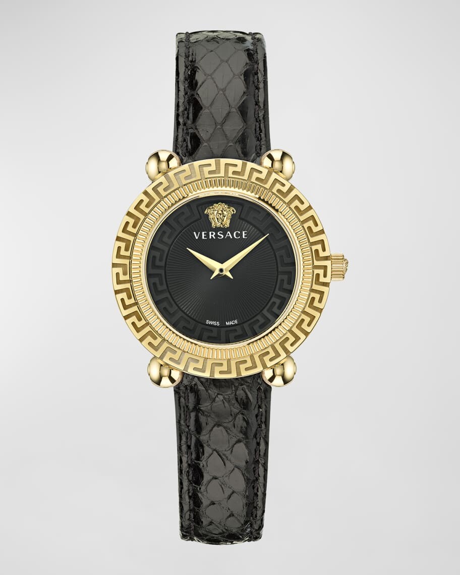 

Часы Greca Twist диаметром 35 мм с кожаным ремешком, желтое золото/черный Versace