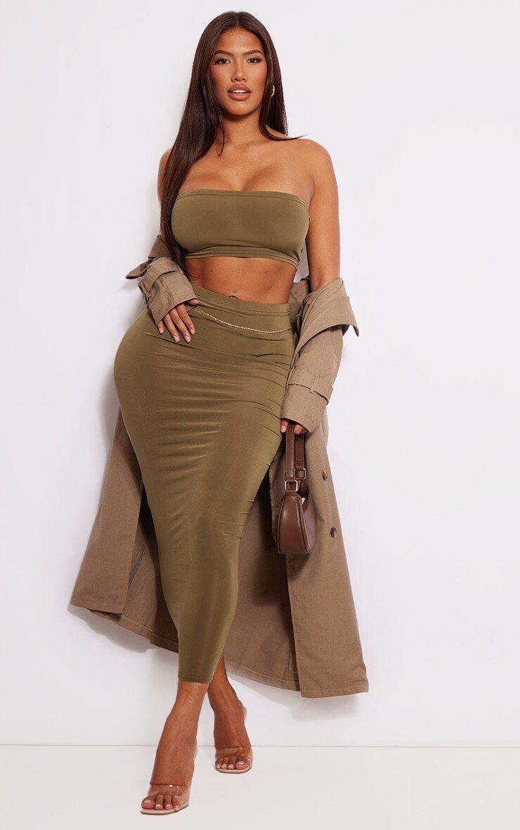

PrettyLittleThing Оливковая облегающая юбка мидакси Shape