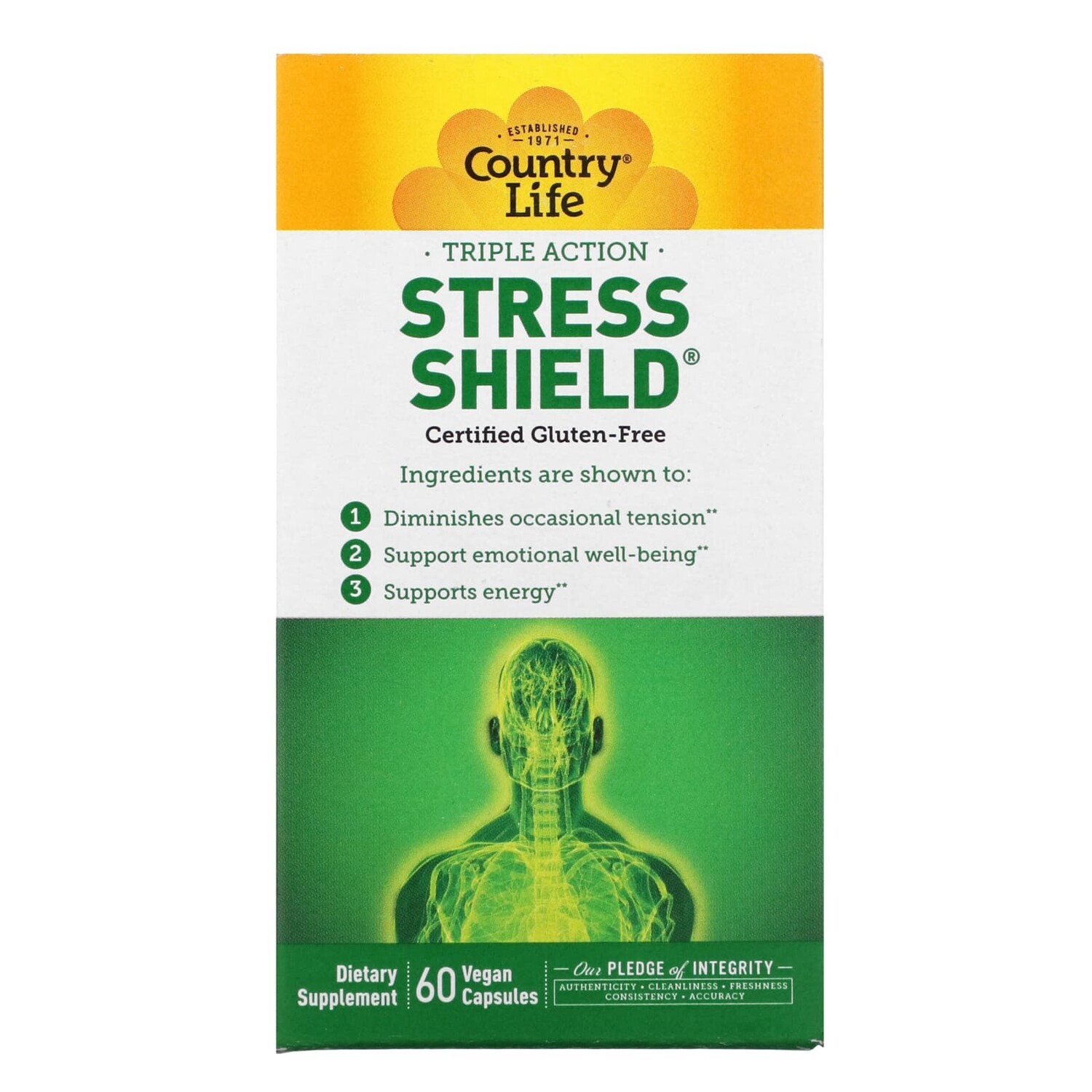 

Stress Shield, тройное действие, 60 веганских капсул, Country Life