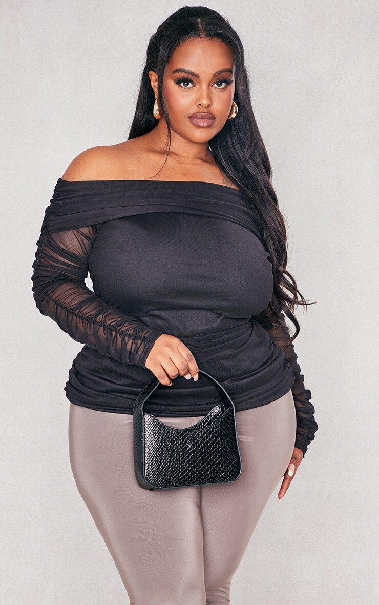 

PrettyLittleThing Черный сетчатый топ с длинными рукавами и открытыми плечами Plus