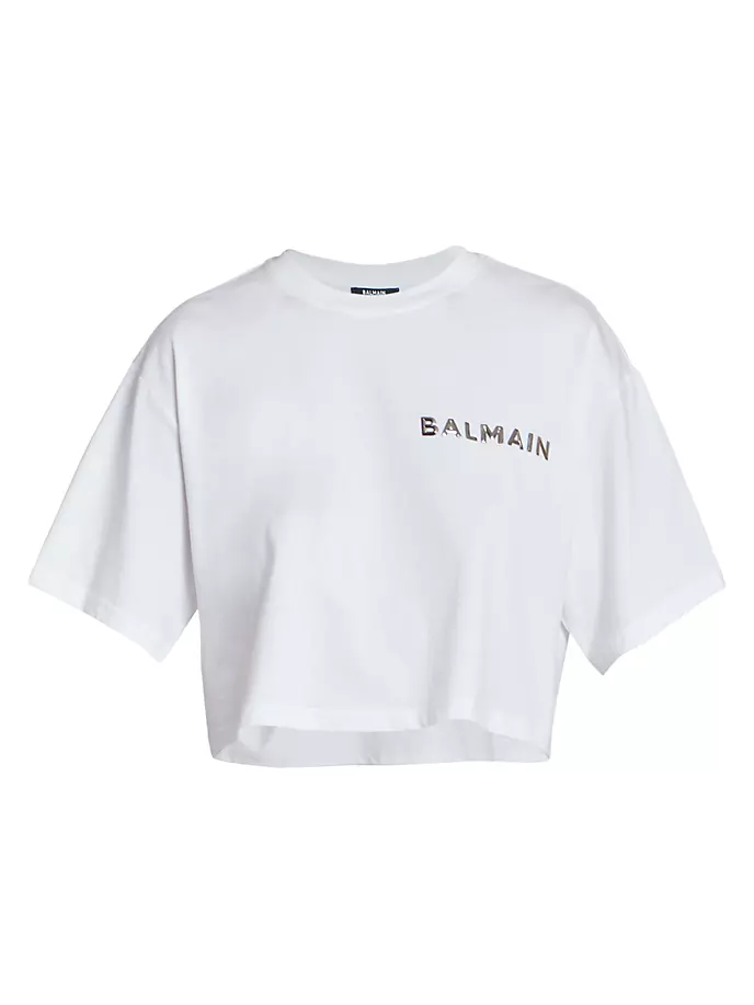 

Укороченная хлопковая футболка с ламинированным логотипом Balmain, цвет white silver