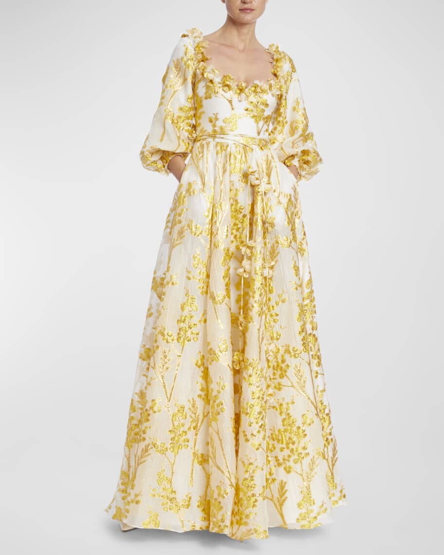 

Ботаническое жаккардовое платье с объемными рукавами и вырезами Badgley Mischka Collection