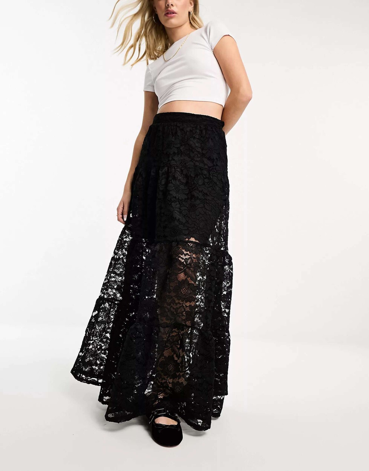 

Черная кружевная ярусная юбка макси Miss Selfridge