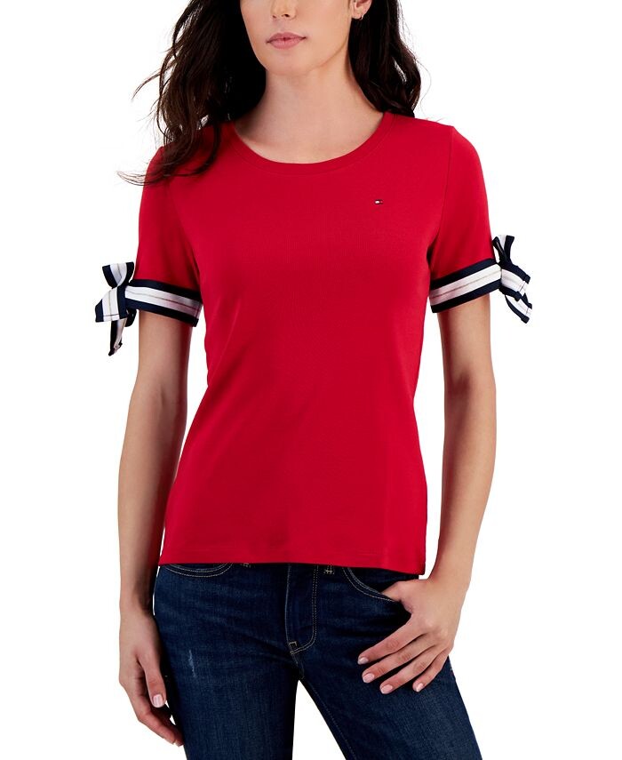 

Женский хлопковый топ в полоску с завязками на рукавах Tommy Hilfiger, красный