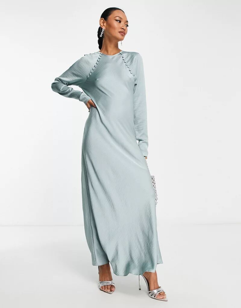 Асимметричное атласное платье макси с пуговицами ASOS серебристо-синего цвета