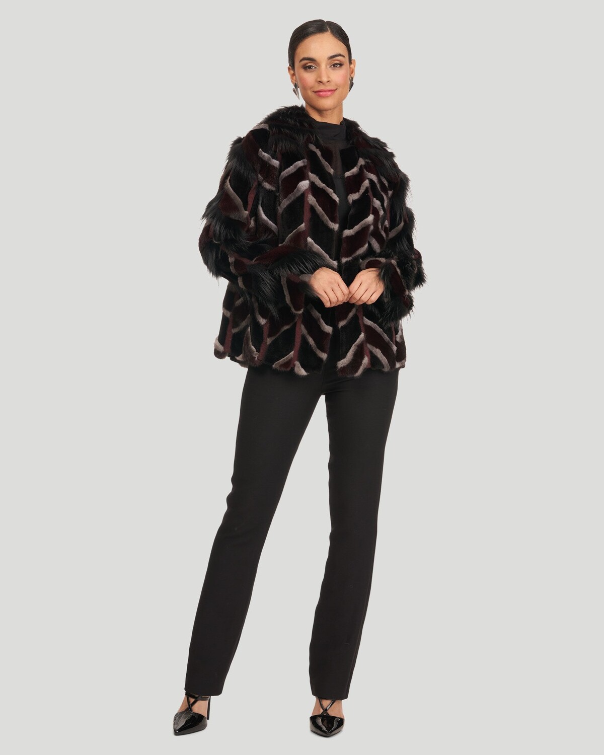 

Пиджак интарсия из норки и лисы GORSKI, цвет Burgundy/Black/Blue Iris/Charc