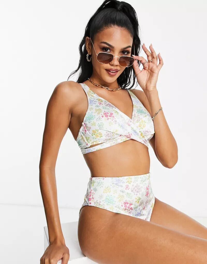 

Бикини-топ на косточках с запахом и цветочным принтом ASOS, Коричневый