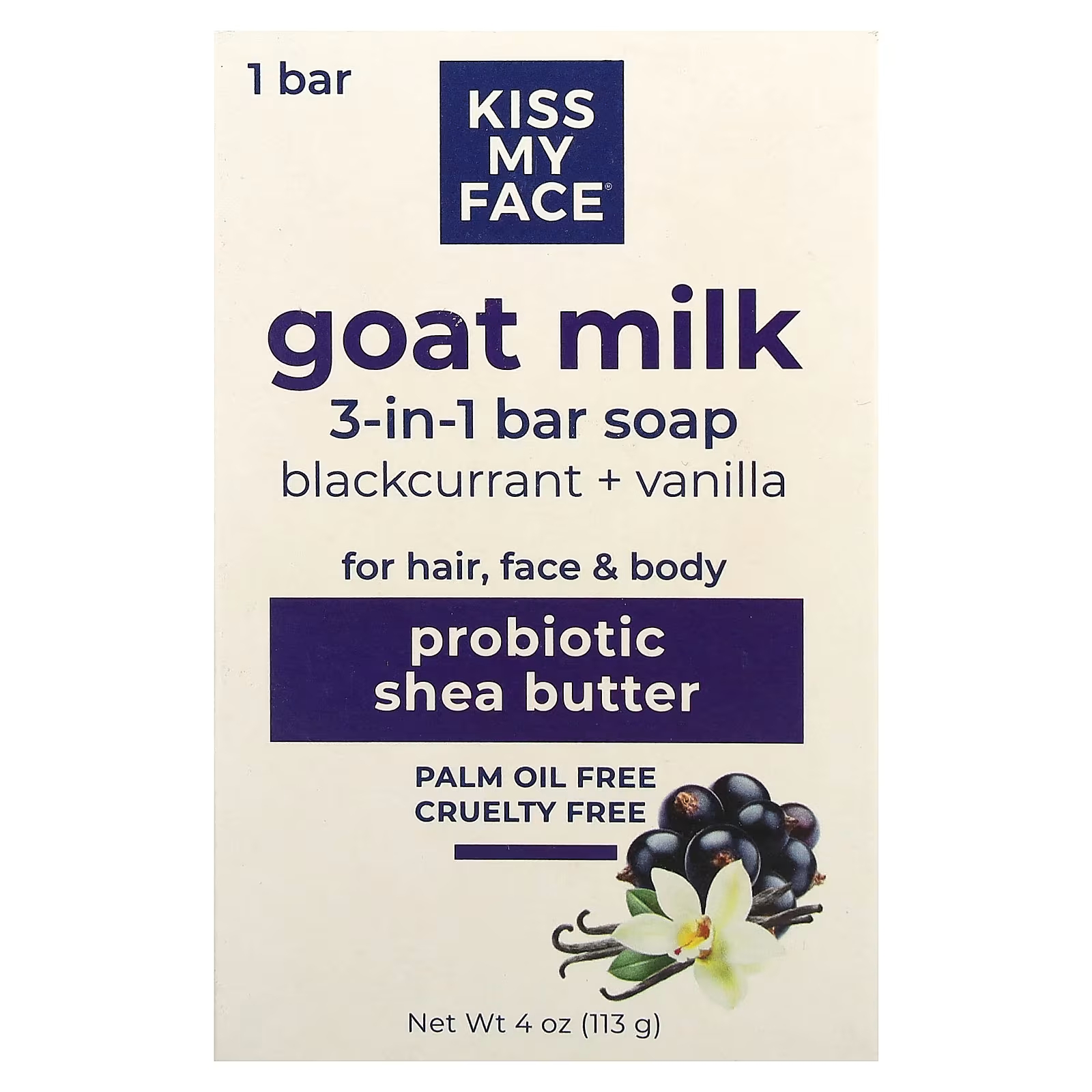 Мыло кусковое 3-в-1 Kiss My Face Goat Milk с черной смородиной и ванилью