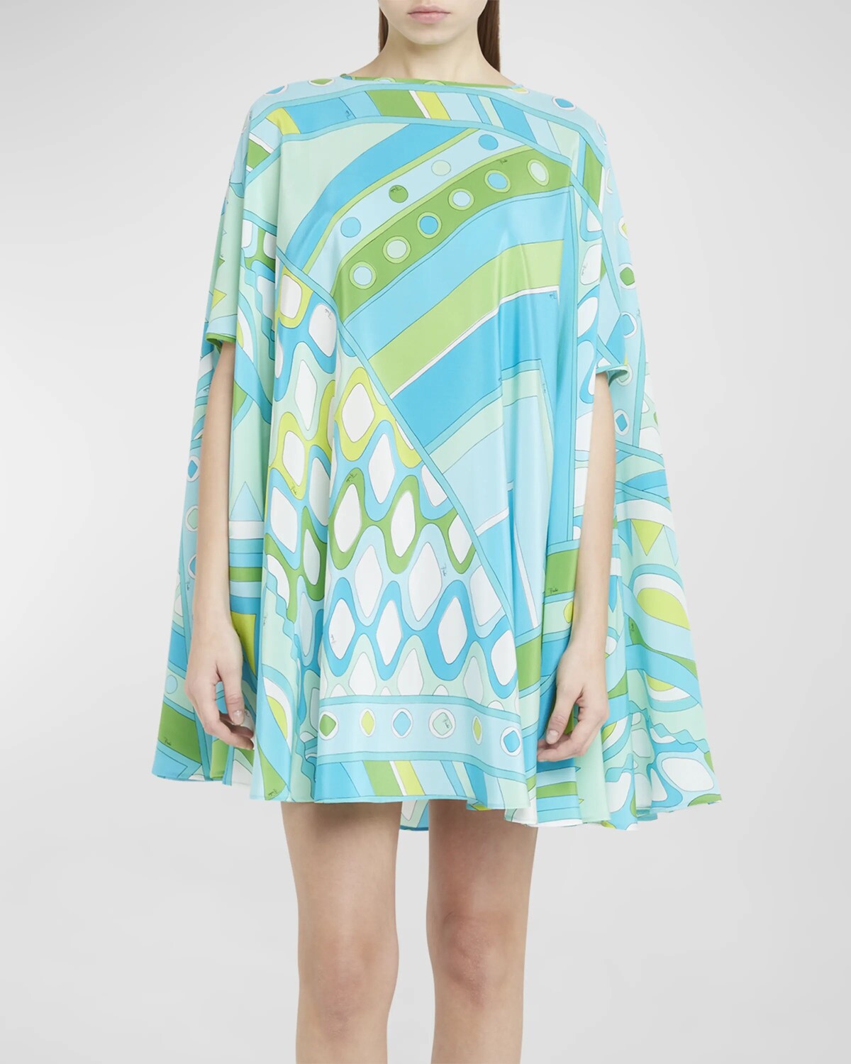

Мини-платье-кафтан с абстрактным принтом и короткими рукавами Emilio Pucci, цвет Turcheselime