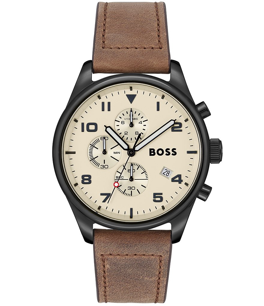 Мужские часы Hugo Boss с кварцевым хронографом и коричневым кожаным ремешком, коричневый