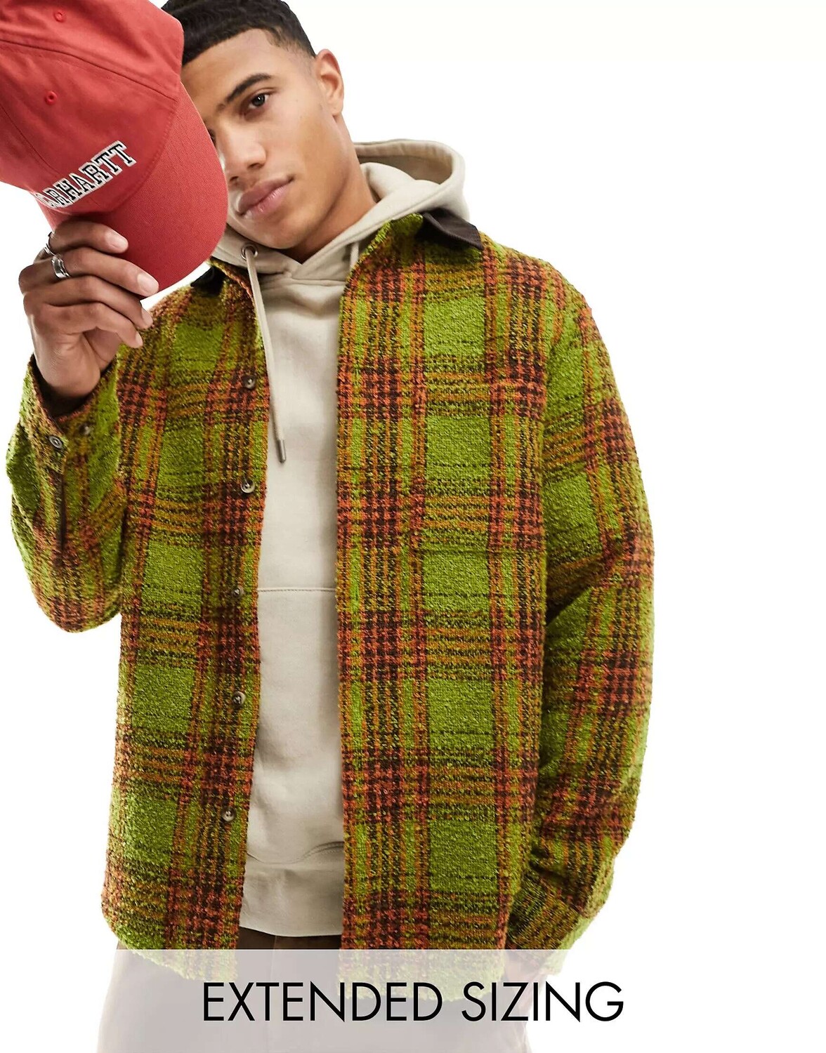 

Рубашка ASOS из текстурированной смеси шерсти букле в зеленую клетку со шнуровым воротником