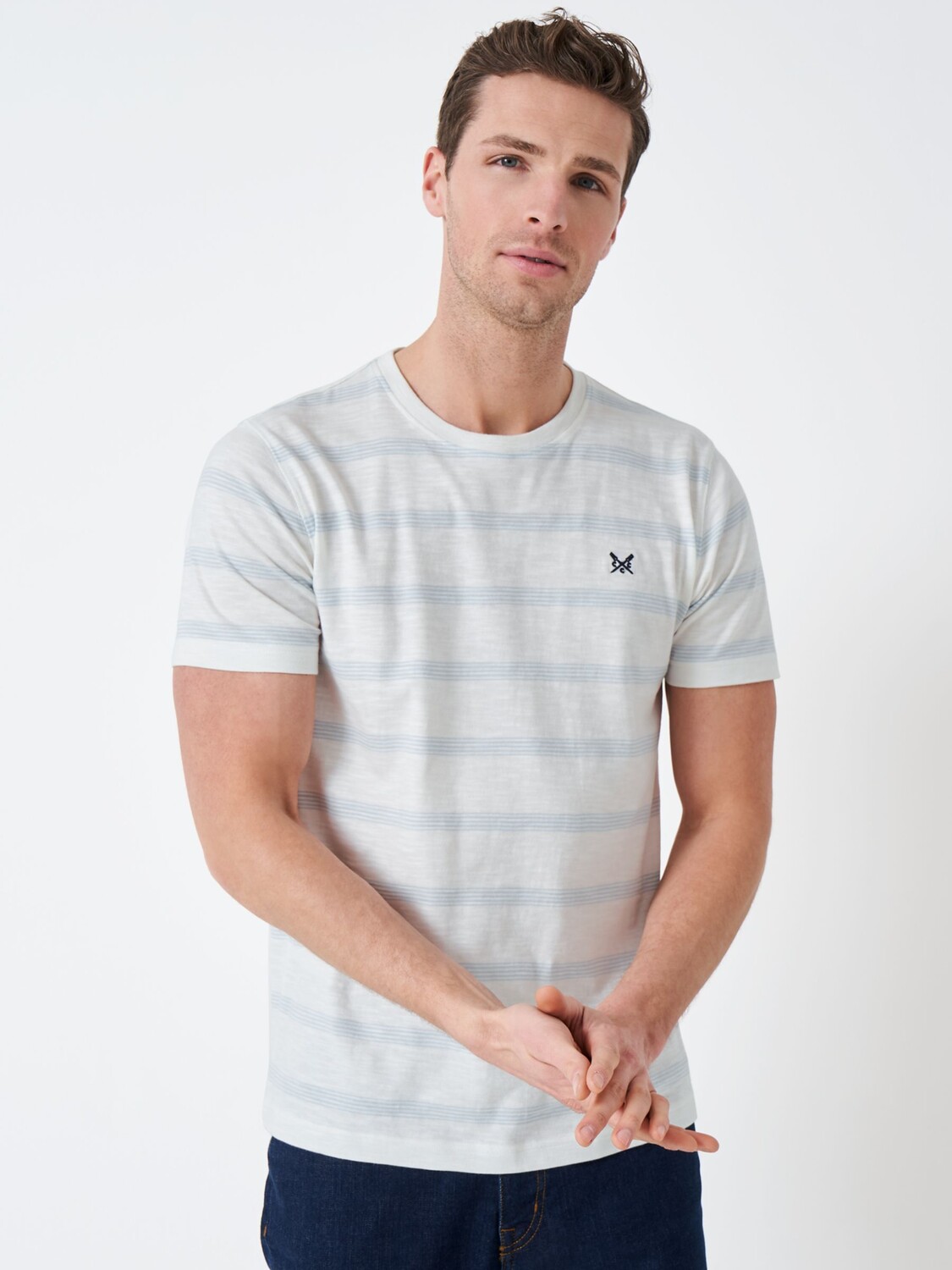 

Crew Clothing Оксфордская хлопковая футболка в полоску, белый/синий