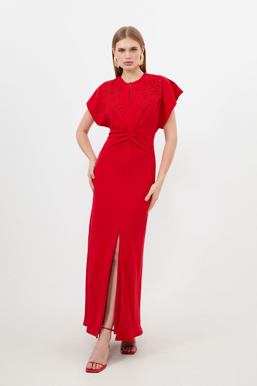 цена Тканое платье макси Petite премиум-класса из кади с ажурным узором Karen Millen, красный
