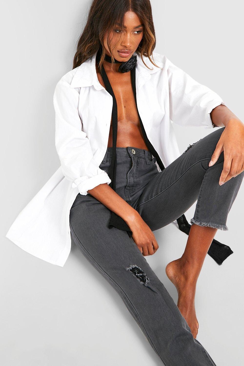 

Рваные джинсы скинни с высокой посадкой basics Boohoo, серый