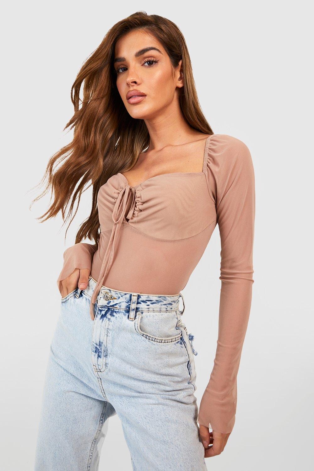 

Светлый вырез сеточный топ с завязкой передней части Boohoo, серо-коричневый