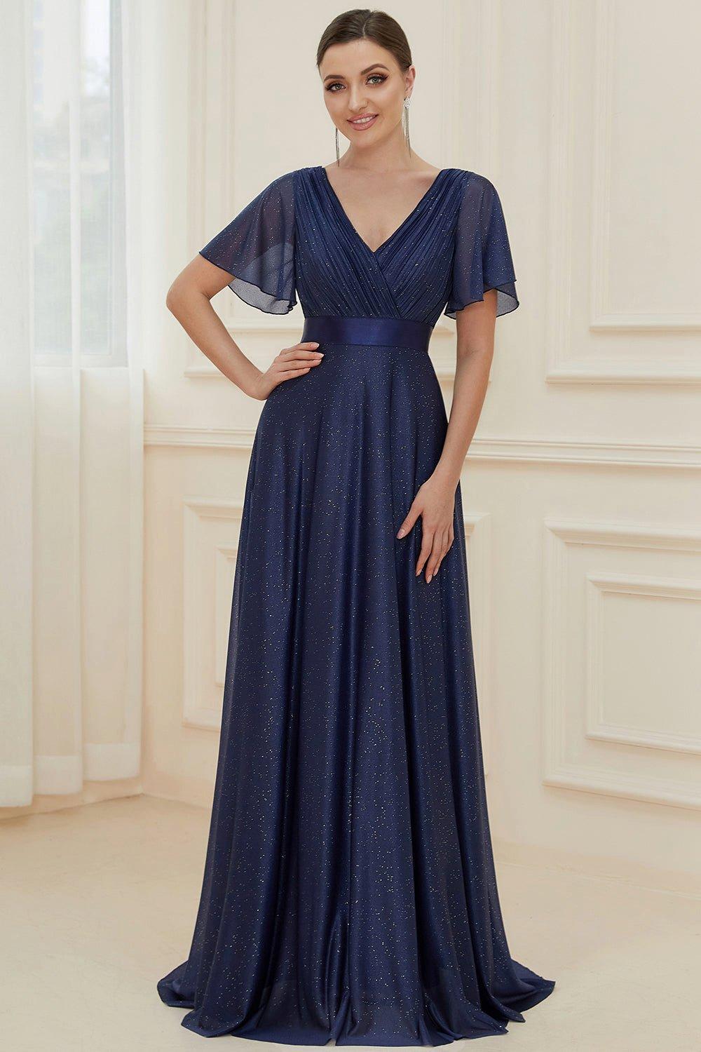женское вечернее платье с v образным вырезом и юбкой годе Плиссированное вечернее платье с длинными блестящими рукавами и V-образным вырезом Ever Pretty, синий