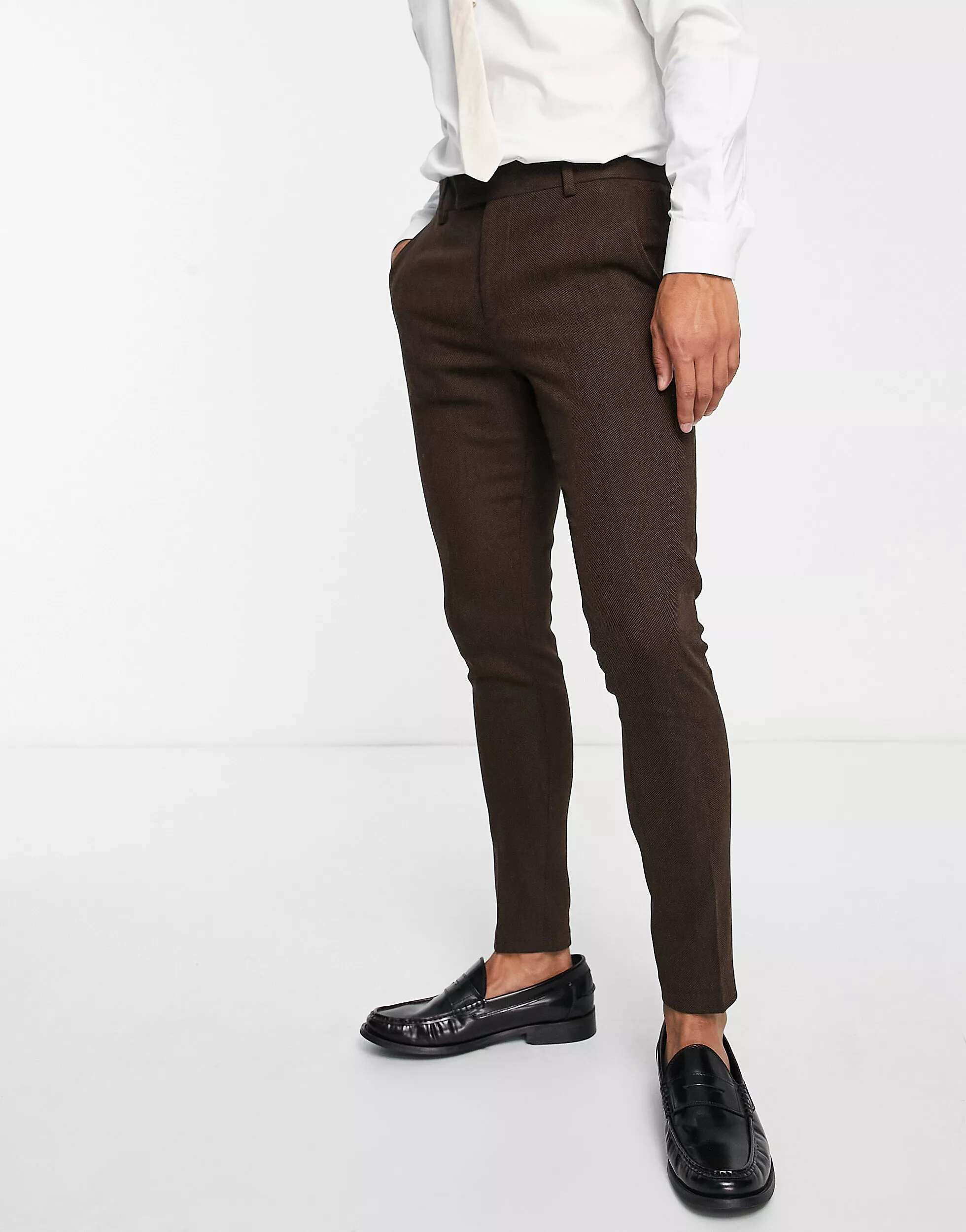 Коричневые твидовые суперузкие брюки из смесовой шерсти ASOS