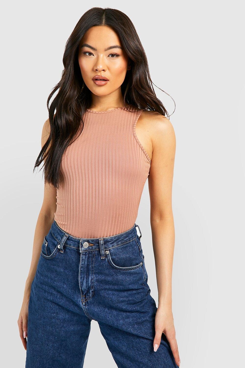 

Боди rib racer neck Boohoo, кэмел