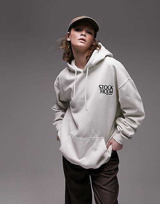 

Бежевое худи Topshop с графичным винтажным эффектом Stockholm