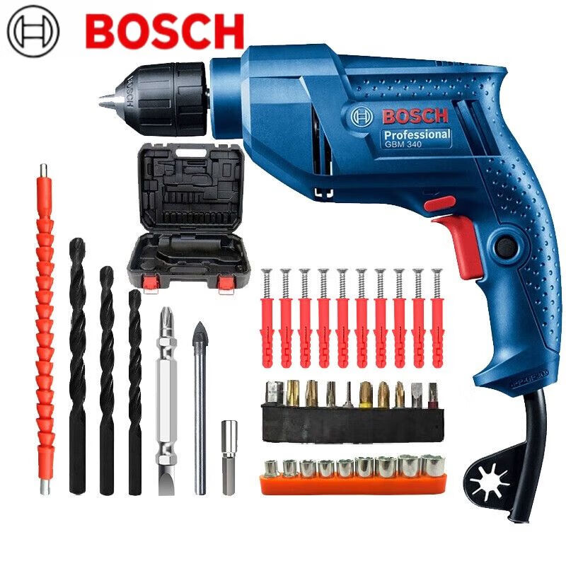 Дрель ручная Bosch GBM340KL + набор насадок