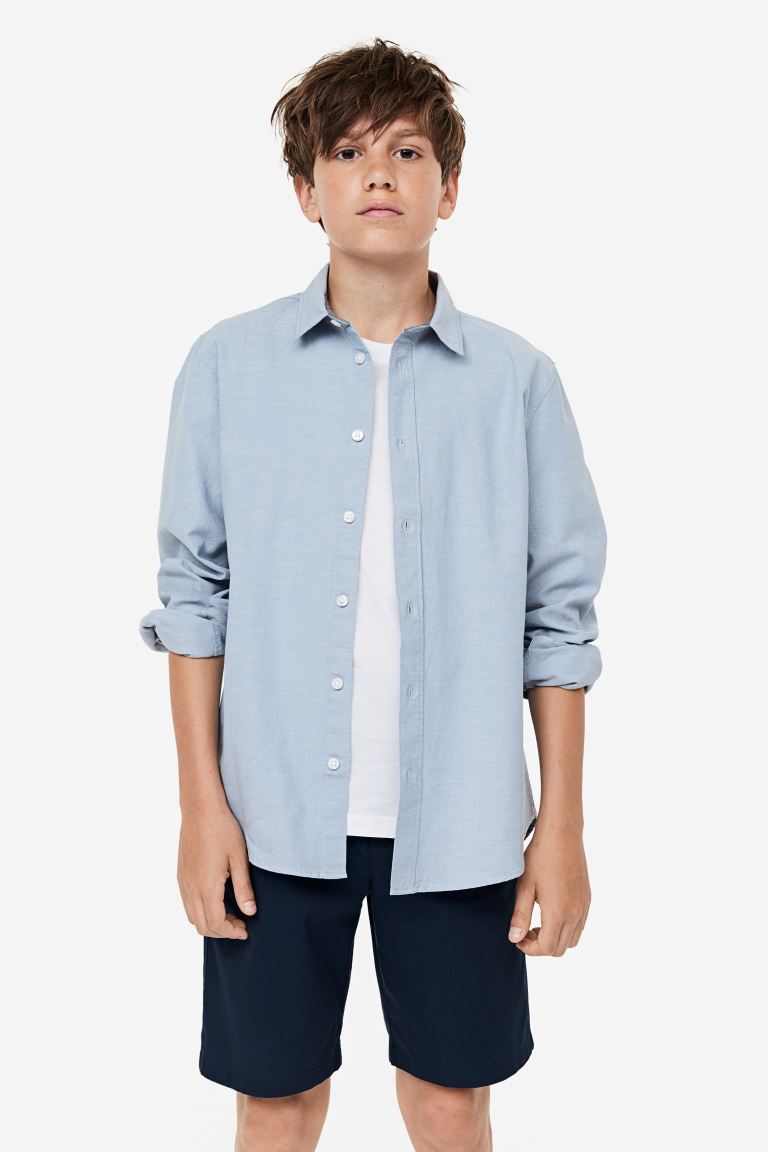 Хлопчатобумажную рубашку H&M платье расклешенное с закругленным отложным воротником 9 лет 132 см синий
