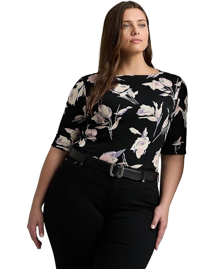 

Футболка LAUREN Ralph Lauren Plus-Size Floral Stretch Cotton Boatneck, черный