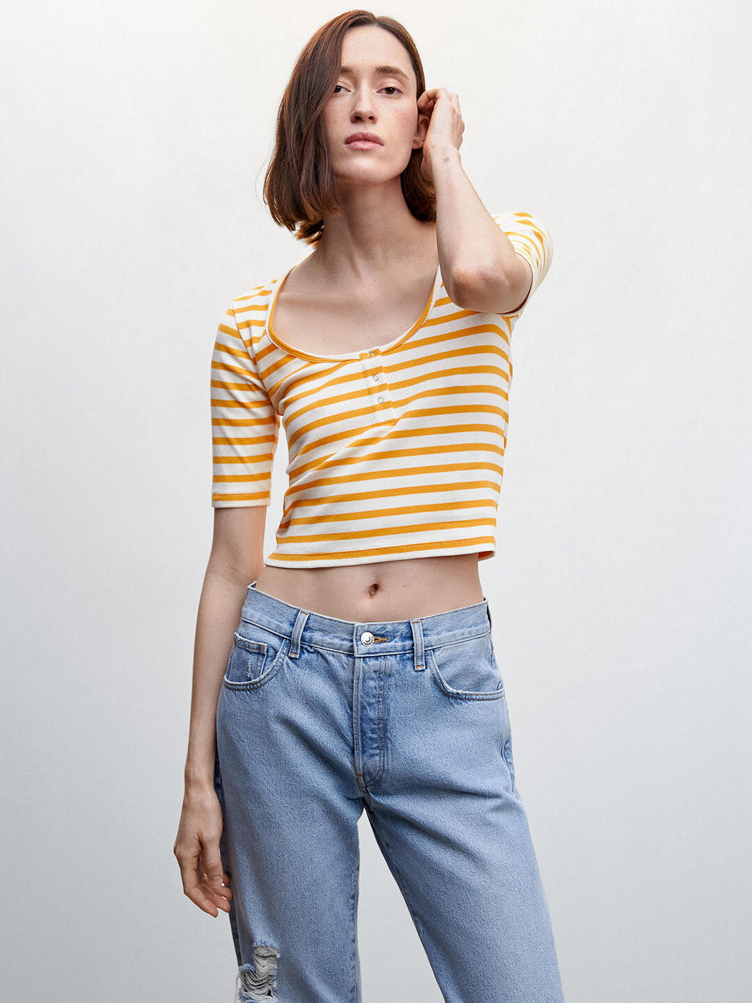 

Укороченная футболка в полоску Mango, желтый/белый