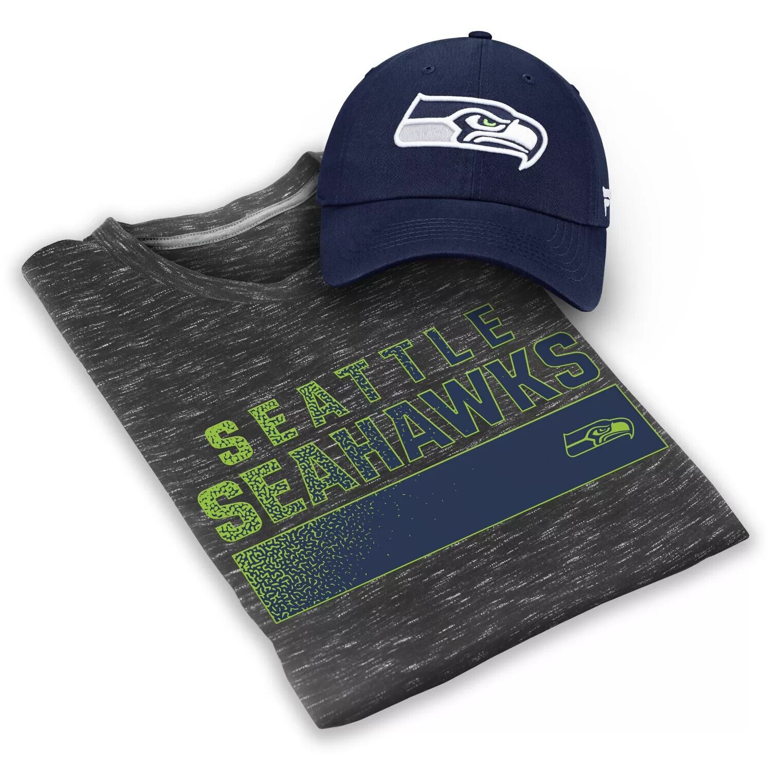 

Мужской фирменный комплект из серой/темно-синей футболки с логотипом Seattle Seahawks и регулируемой шляпы Fanatics