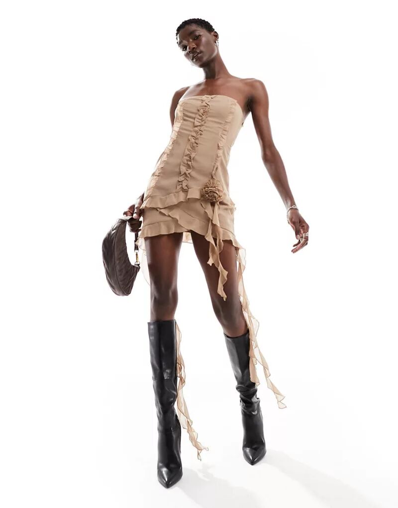 Светло-коричневое мини-платье-бандо с рюшами и асимметричным подолом Kript The Kript