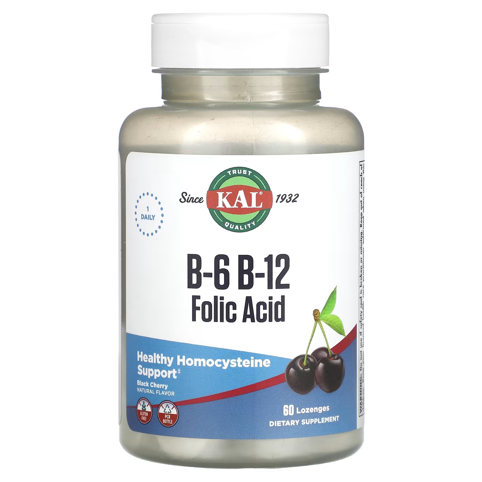 Фолиевая кислота KAL B-6 B-12 черная вишня, 60 пастилок витамины b 6 b 12 и фолиевая кислота bluebonnet nutrition малина 60 таблеток