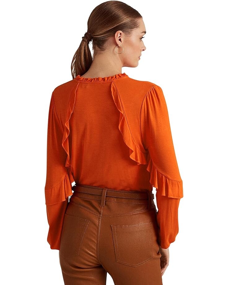 

Топ LAUREN Ralph Lauren Ruffle-Trim Long Sleeve Top, цвет Vivid Tangerine