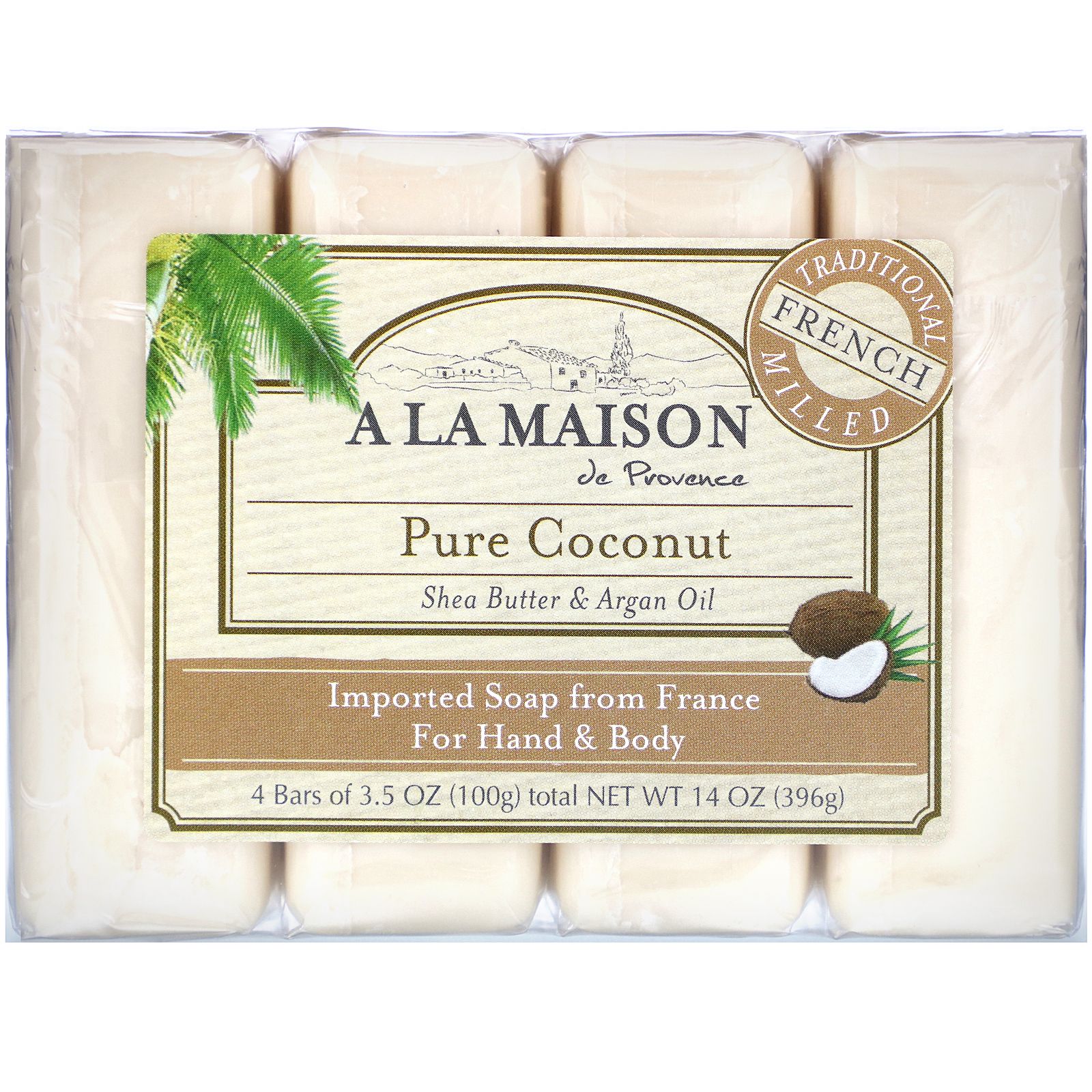 A La Maison de Provence Мыло для рук & тела Чистый кокос 4 бруска по 3.5 унции a la maison de provence кусковое мыло для рук и тела с овсяным молоком 4 куска по 100 г 3 5 унции каждый