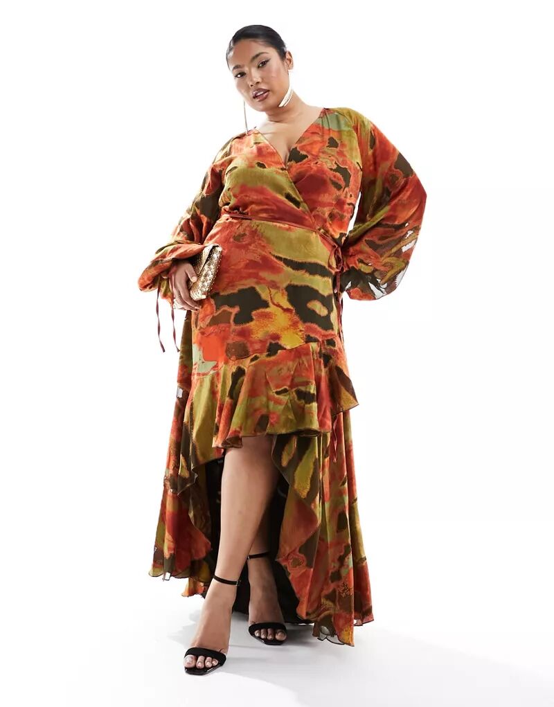 Эксклюзивное платье миди с длинными рукавами и запахом ASOS DESIGN Curve толстовка zara fleece with an abstract print разноцветный