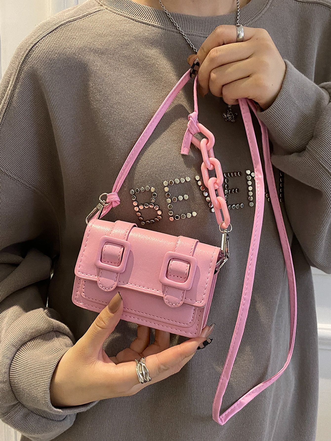 Легкая деловая повседневная мини-сумка через плечо с декором с пряжкой и клапаном для девочек-подростков, розовый