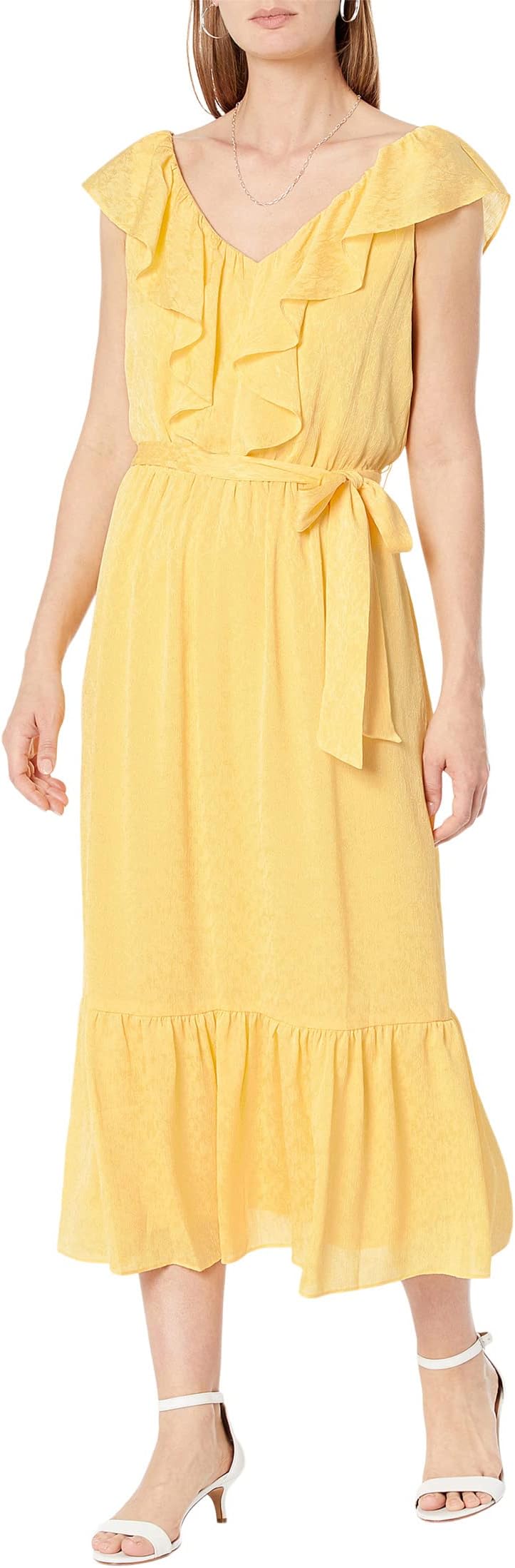 Платье без рукавов с V-образным вырезом и рюшами DKNY, цвет Lemonade