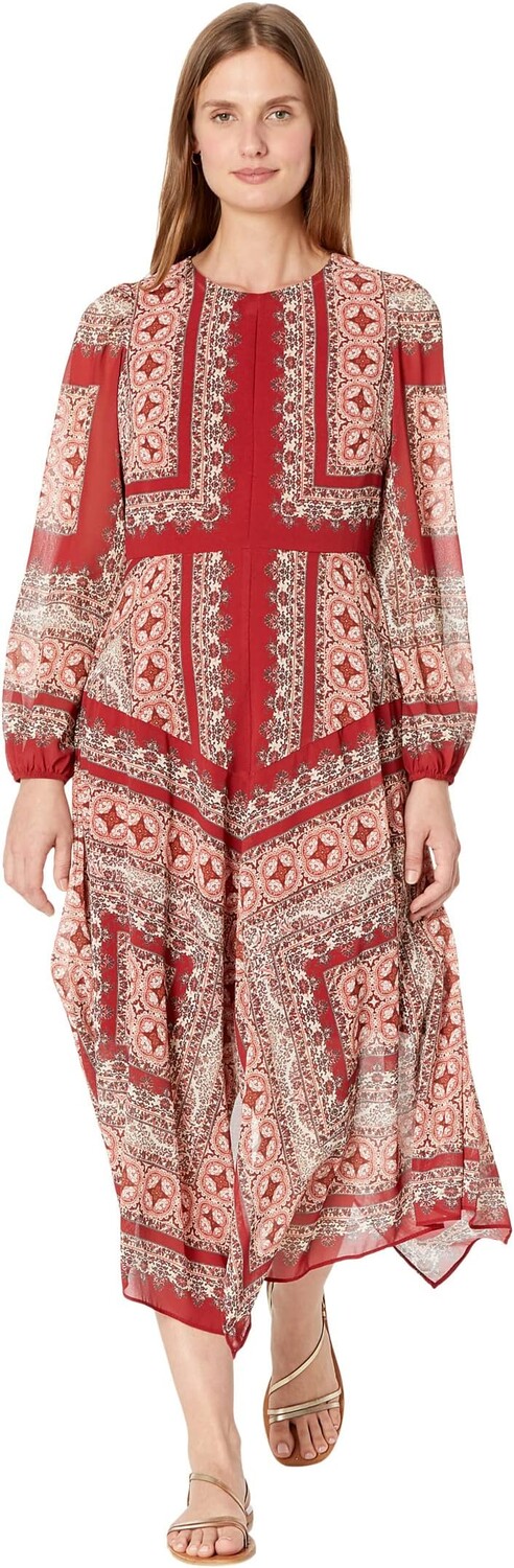 

Платье Printed Chiffon Long Sleeve Handkerchief Hem Maxi Vince Camuto, цвет Rust