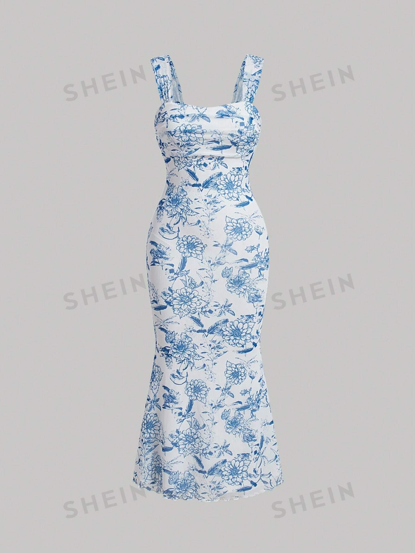SHEIN MOD Платье трапециевидной формы без рукавов с цветочным принтом и высоким низом на талии, синий