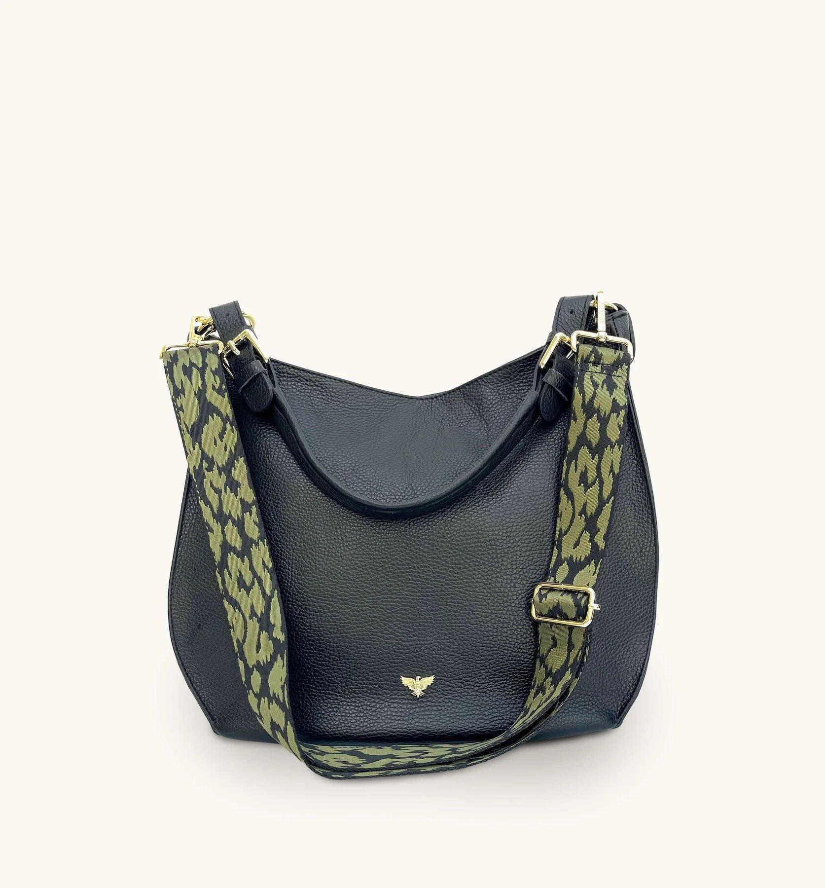 Черная кожаная сумка Harriet с ремешком в форме гепарда оливково-зеленого цвета Apatchy London, черный кожаная сумка из италии