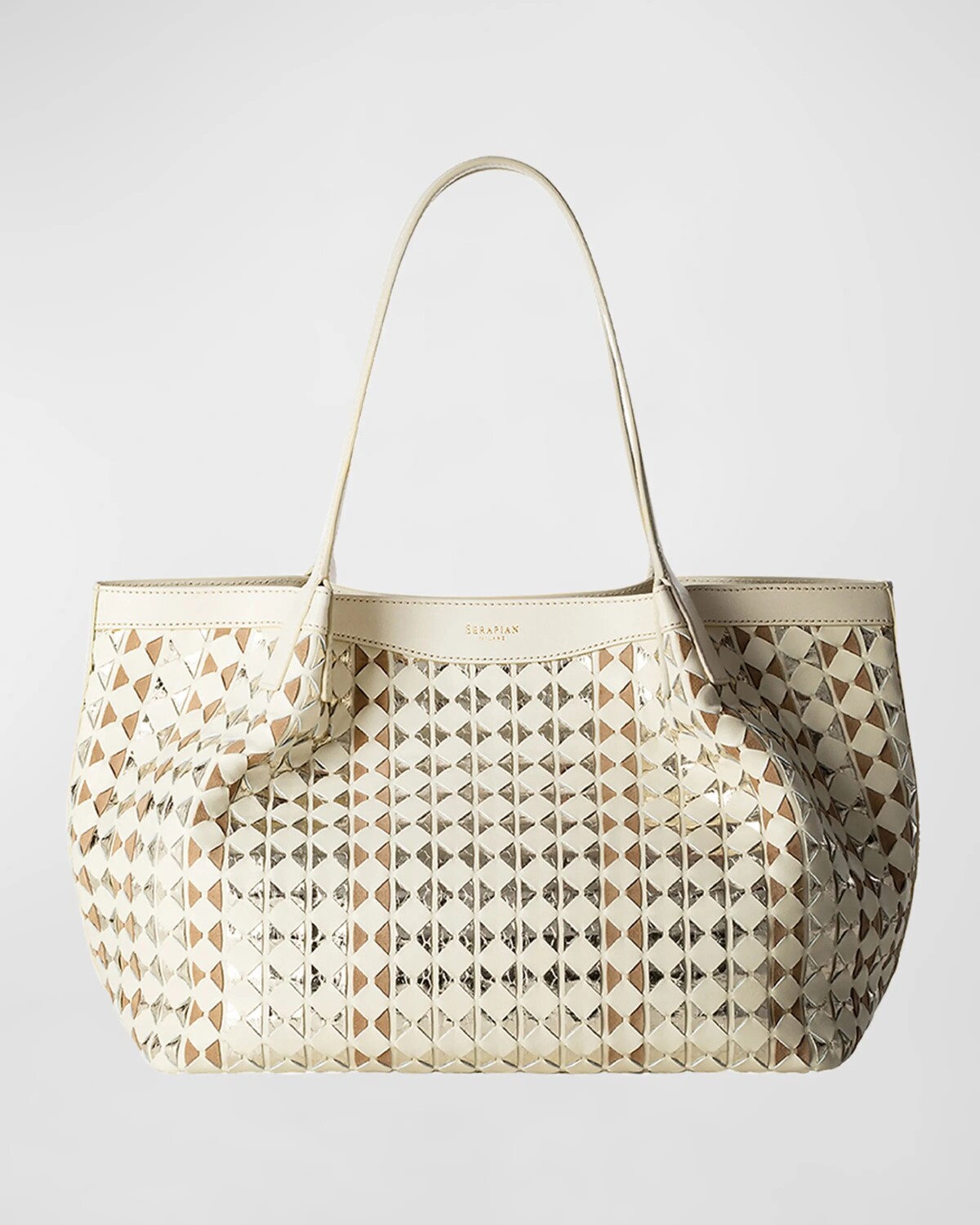 

Маленькая сумка-тоут-тоут из змеиной кожи с мозаикой Secret Serapian, цвет Off White Beige Light Gold