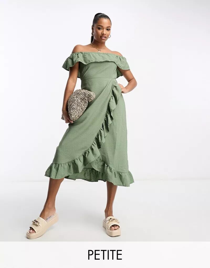 

Платье миди цвета хаки с фактурной отделкой и оборками River Island
